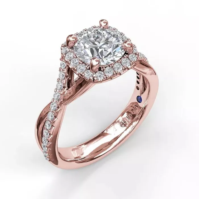 International Diamond Center Rings FANA Cushion Halo With Diamond And Gold Twist Engagement Ring Setting