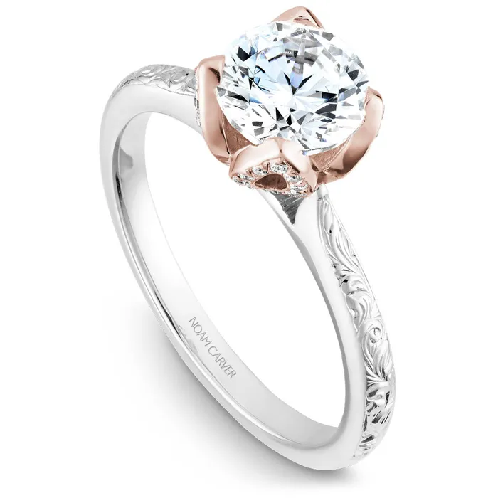 International Diamond Center Rings Noam Carver White Gold Engagement Ring Setting with Floral Engravings and Rose Gold Crown 017 CTW International Diamond Center Rings Noam Carver White Gold Engagement Ring Setting with Floral Engravings and Rose Gold Crown 017 CTW