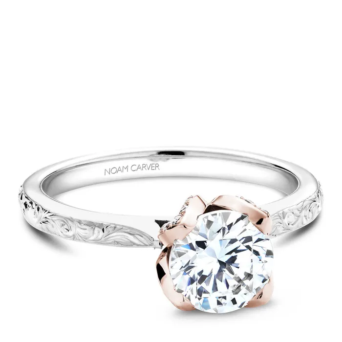 International Diamond Center Rings Noam Carver White Gold Engagement Ring Setting with Floral Engravings and Rose Gold Crown 017 CTW
