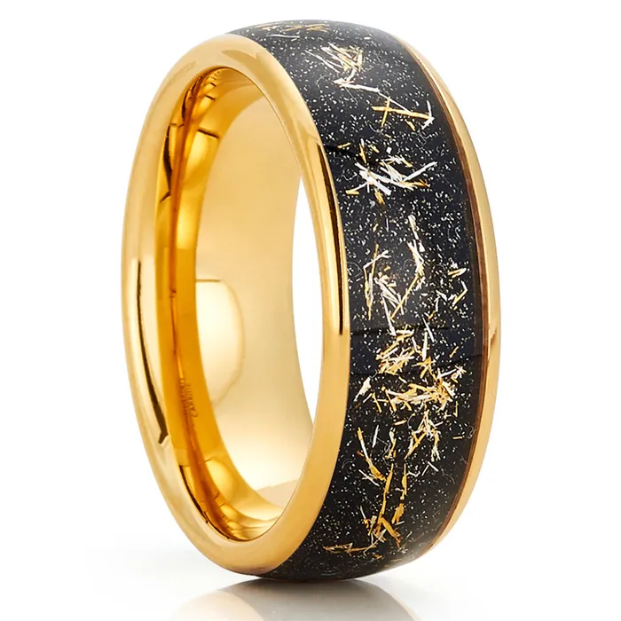 Meteorite Wedding Ring Yellow Gold Ring Gold Wedding Band Tungsten Wedding Ring Clean Casting Jewelry Rings