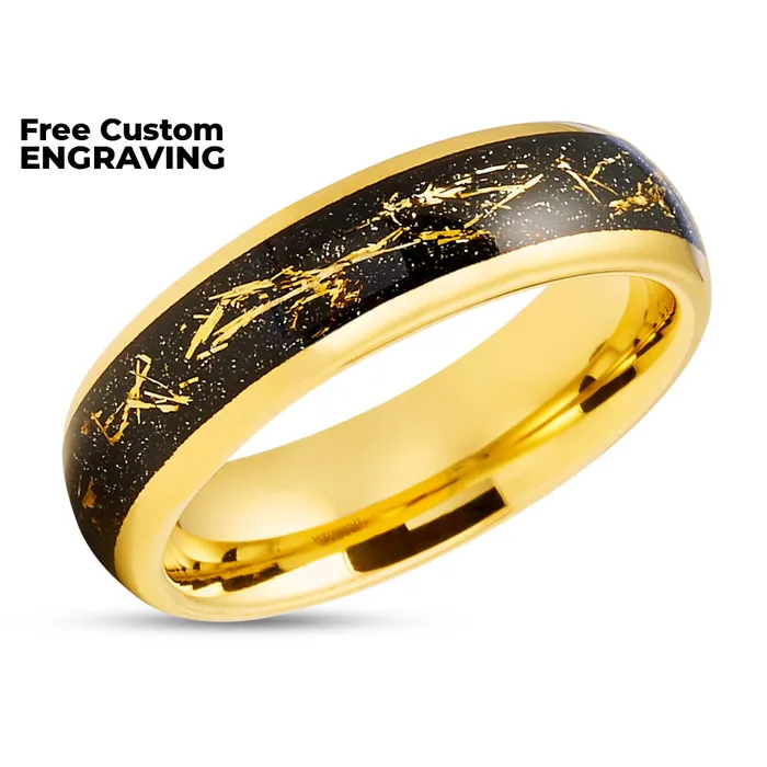 Meteorite Wedding Ring Yellow Gold Ring Gold Wedding Band Tungsten Wedding Ring Clean Casting Jewelry Rings
