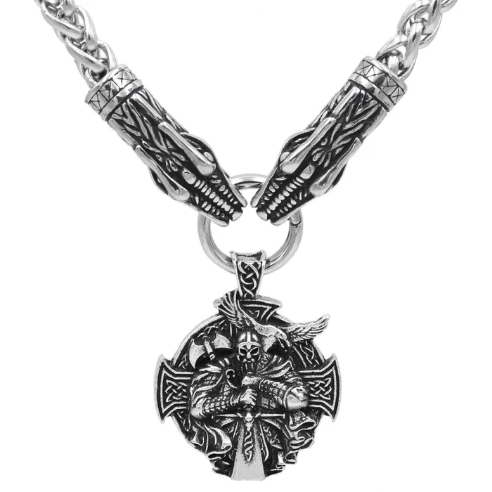 Necklaces King Chain Featuring Dragon Heads Holding Berserker Pendant VikingStore