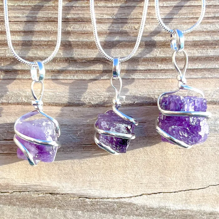 Necklaces Magic Crystals Amethyst Cube Spiral Wrapped Pendant Necklace