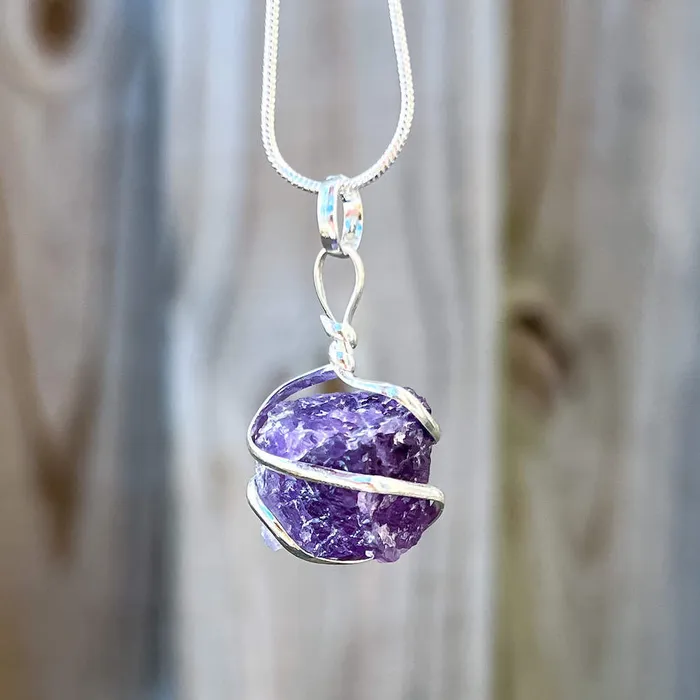 Necklaces Magic Crystals Amethyst Cube Spiral Wrapped Pendant Necklace