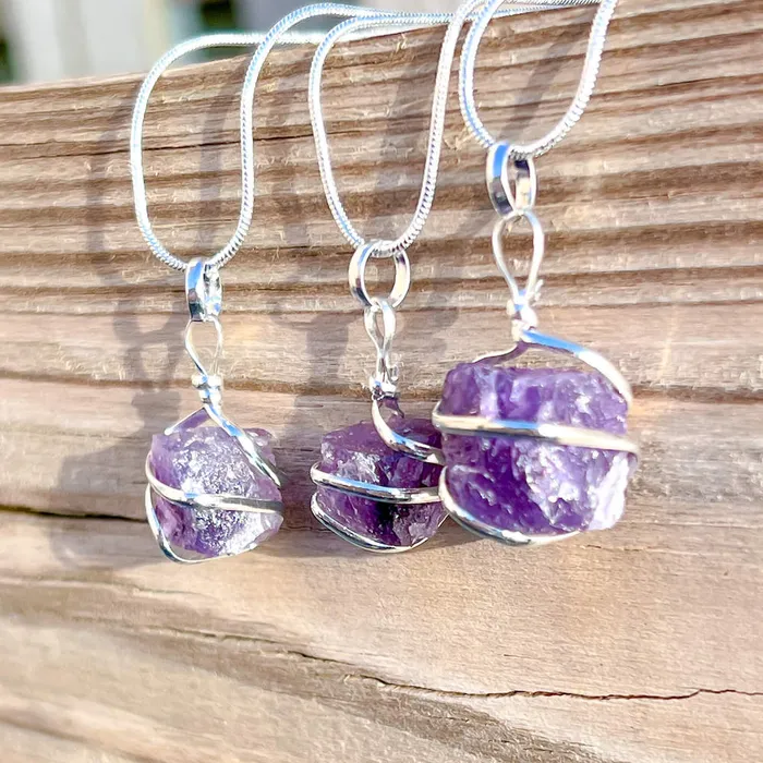 Necklaces Magic Crystals Amethyst Cube Spiral Wrapped Pendant Necklace