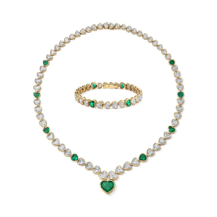 Necklaces SG Vintage Vintage Diamond and Emerald Heart Bracelet and Necklace Set