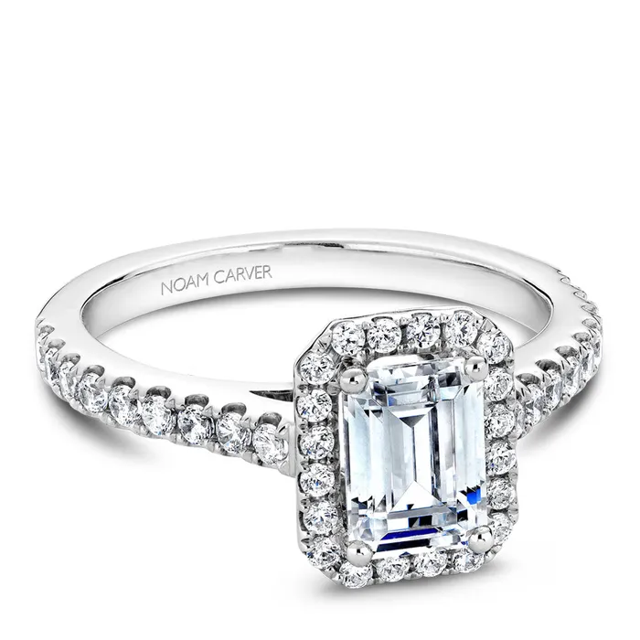 Noam Carver White Gold Diamond Engagement Ring Setting with Emerald Center Stone and Halo 055 CTW International Diamond Center Rings