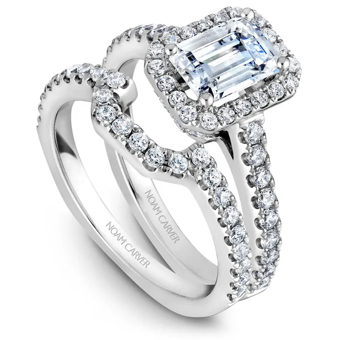 Noam Carver White Gold Diamond Engagement Ring Setting with Emerald Center Stone and Halo 055 CTW International Diamond Center Rings