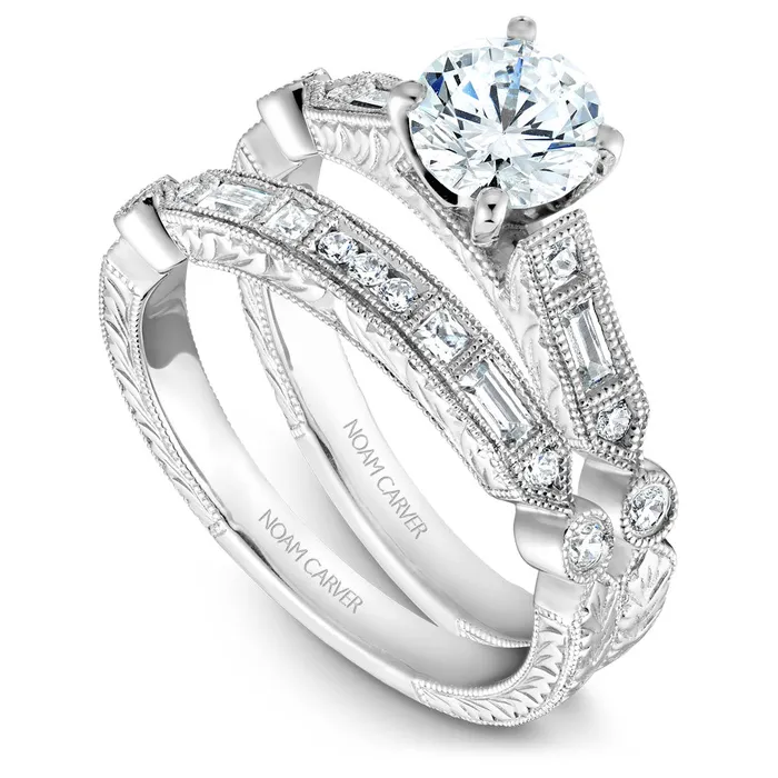 Noam Carver White Gold Engagement Ring Setting with Milgrain Emeralds and Dots 022 CTW International Diamond Center Rings