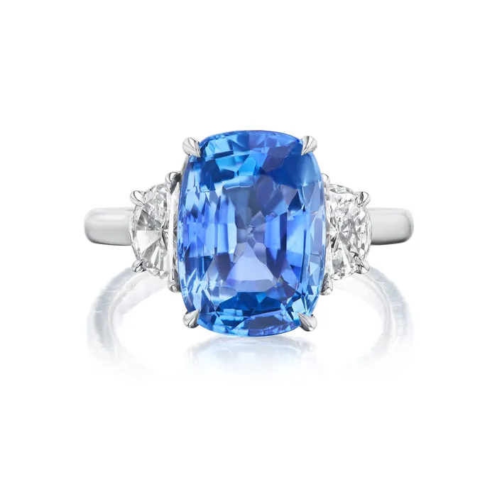 Rings Blue Sapphire Cushion Three Stone Ring SG Fine