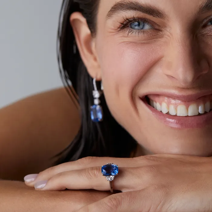 Rings Blue Sapphire Cushion Three Stone Ring SG Fine