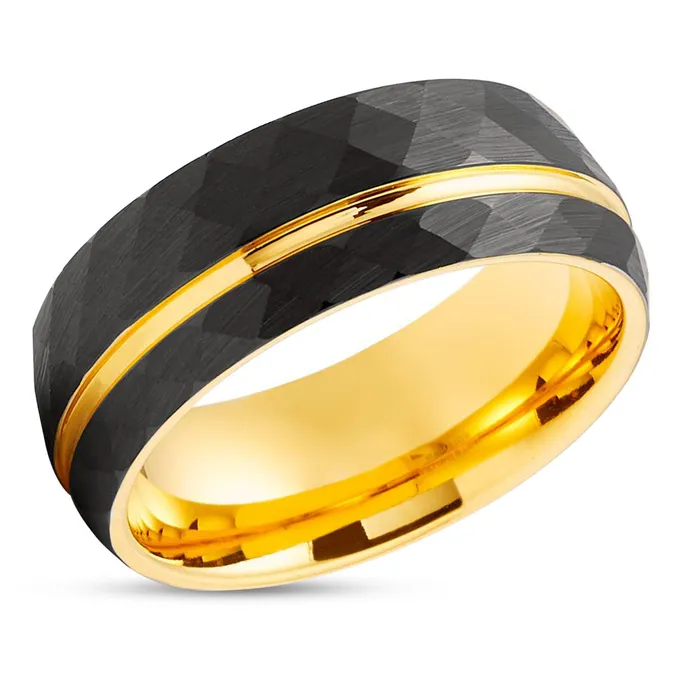 Rings Clean Casting Jewelry Yellow Gold Tungsten Ring Hammered Ring 8mm Black Tungsten Ring Yellow Gold Rings Clean Casting Jewelry Yellow Gold Tungsten Ring Hammered Ring 8mm Black Tungsten Ring Yellow Gold