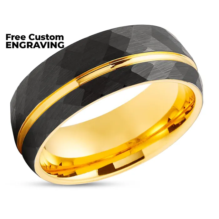 Rings Clean Casting Jewelry Yellow Gold Tungsten Ring Hammered Ring 8mm Black Tungsten Ring Yellow Gold