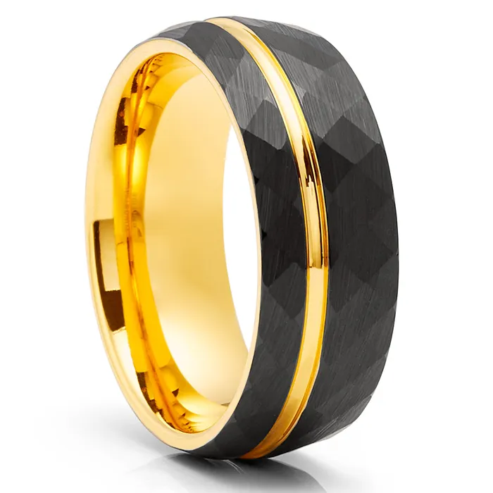 Rings Clean Casting Jewelry Yellow Gold Tungsten Ring Hammered Ring 8mm Black Tungsten Ring Yellow Gold