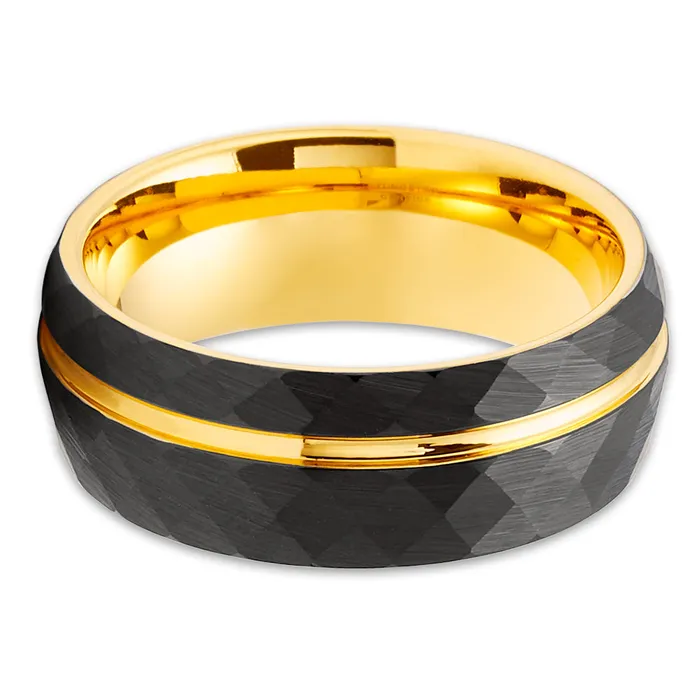 Rings Clean Casting Jewelry Yellow Gold Tungsten Ring Hammered Ring 8mm Black Tungsten Ring Yellow Gold
