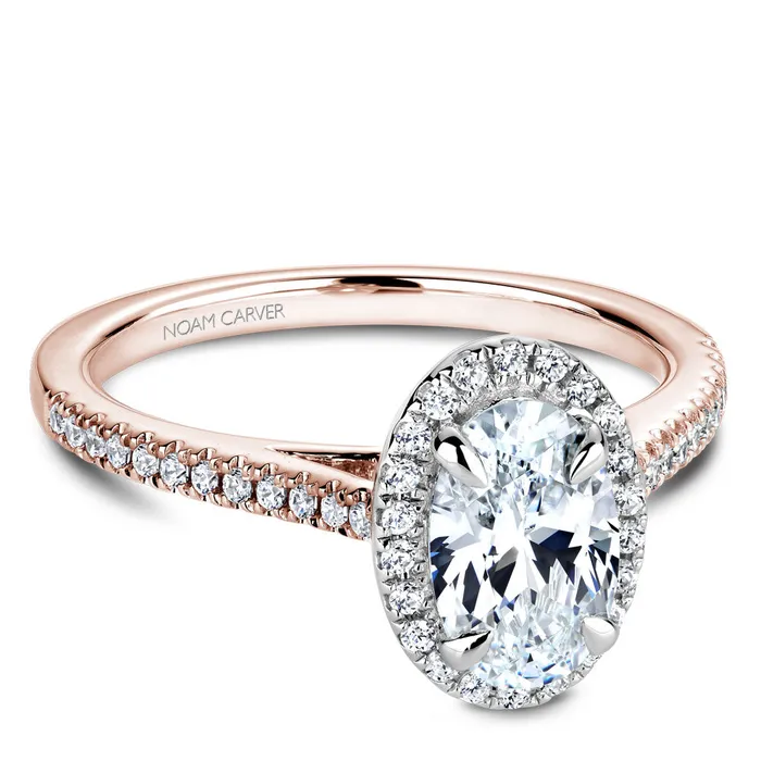 Rings Noam Carver Rose Gold Diamond Engagement Ring Setting with White Halo around Oval Center Stone 044 CTW International Diamond Center