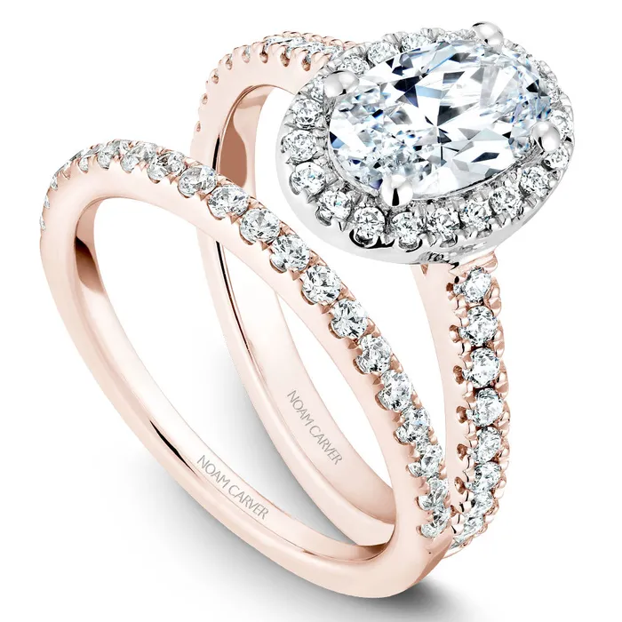 Rings Noam Carver Rose Gold Diamond Engagement Ring Setting with White Halo around Oval Center Stone 044 CTW International Diamond Center