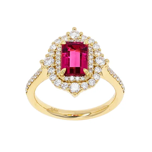 Rings Shop IDC estore Vlora 14K Yellow Gold Pink Tourmaline Double Halo Diamond Ring 247CTW