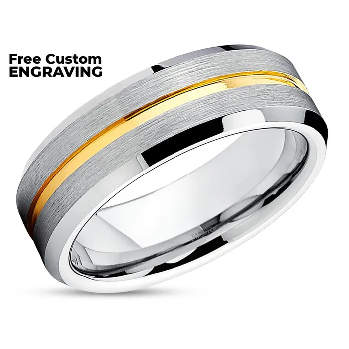 Rings Yellow Gold Tungsten 7mm Tungsten Wedding Band Silver Brush Ring Wedding Ring Clean Casting Jewelry
