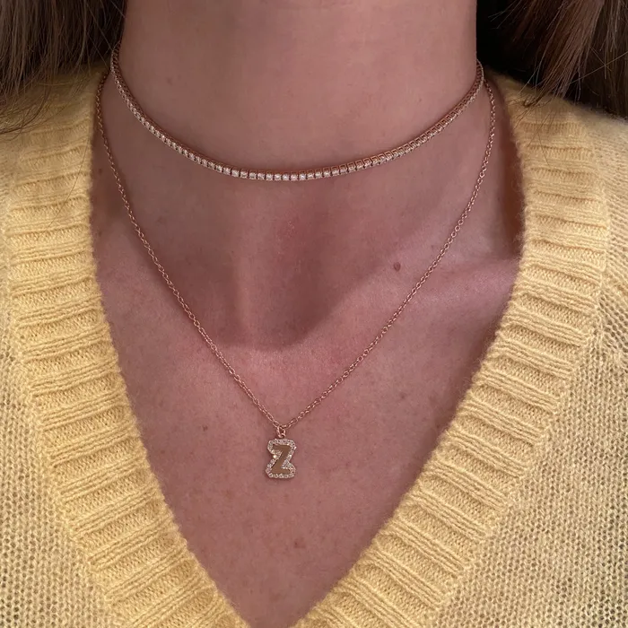 SG Fine Necklaces Large Bubble Initial Charm with Pave Outline Necklace