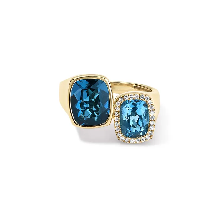 SG Fine Rings Blue Topaz Toi Et Moi Ring with Diamond Halo