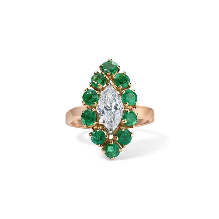 SG Vintage Rings Marquise Diamond Ring with Emerald Halo
