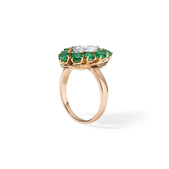 SG Vintage Rings Marquise Diamond Ring with Emerald Halo