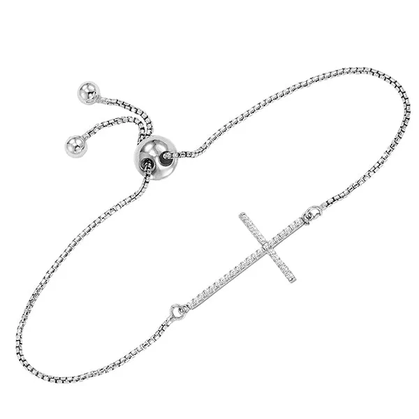 Silver Diamond Cross Bolo Bracelet 014 CTW International Diamond Center Bracelets Silver Diamond Cross Bolo Bracelet 014 CTW International Diamond Center Bracelets