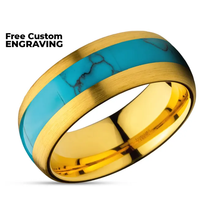 Turquoise Wedding Ring Yellow Gold Tungsten Ring Anniversary Ring Engagement Ring Clean Casting Jewelry Rings