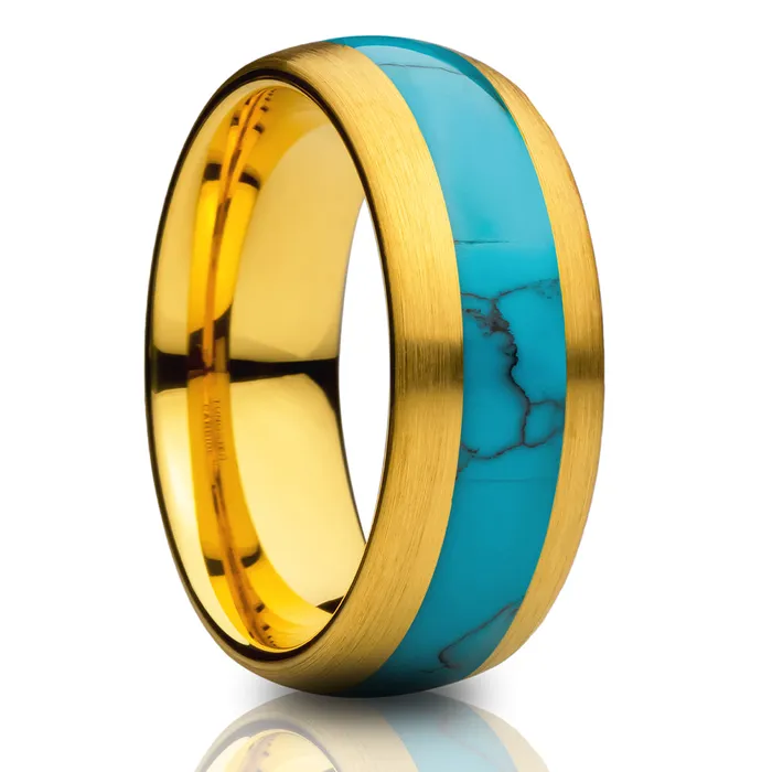 Turquoise Wedding Ring Yellow Gold Tungsten Ring Anniversary Ring Engagement Ring Clean Casting Jewelry Rings