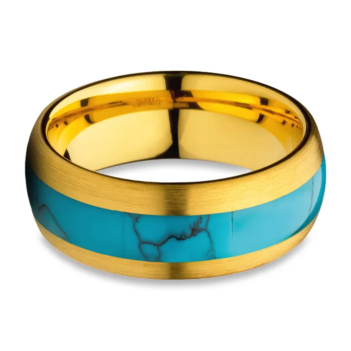 Turquoise Wedding Ring Yellow Gold Tungsten Ring Anniversary Ring Engagement Ring Clean Casting Jewelry Rings