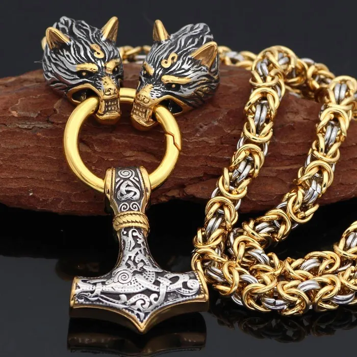 VikingStore Necklaces Gold Trimmed King Chain With Twin Wolf Heads Holding Mjolnir Pendant VikingStore Necklaces Gold Trimmed King Chain With Twin Wolf Heads Holding Mjolnir Pendant