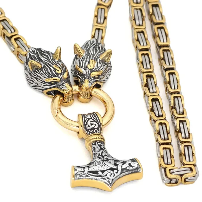 VikingStore Necklaces Gold Trimmed King Chain With Twin Wolf Heads Holding Mjolnir Pendant
