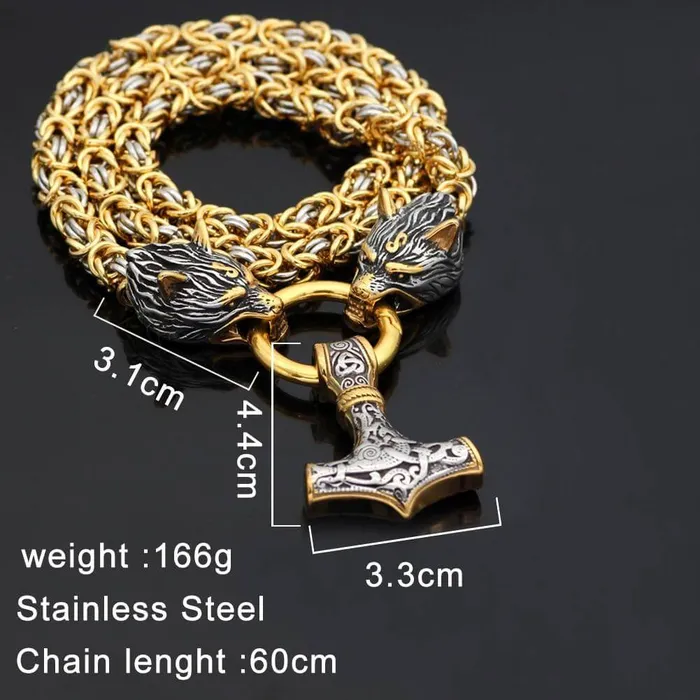 VikingStore Necklaces Gold Trimmed King Chain With Twin Wolf Heads Holding Mjolnir Pendant