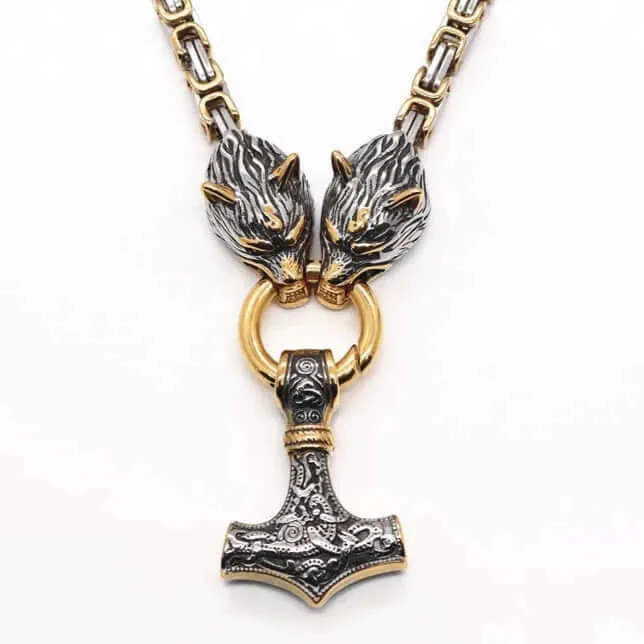 VikingStore Necklaces Gold Trimmed King Chain With Twin Wolf Heads Holding Mjolnir Pendant