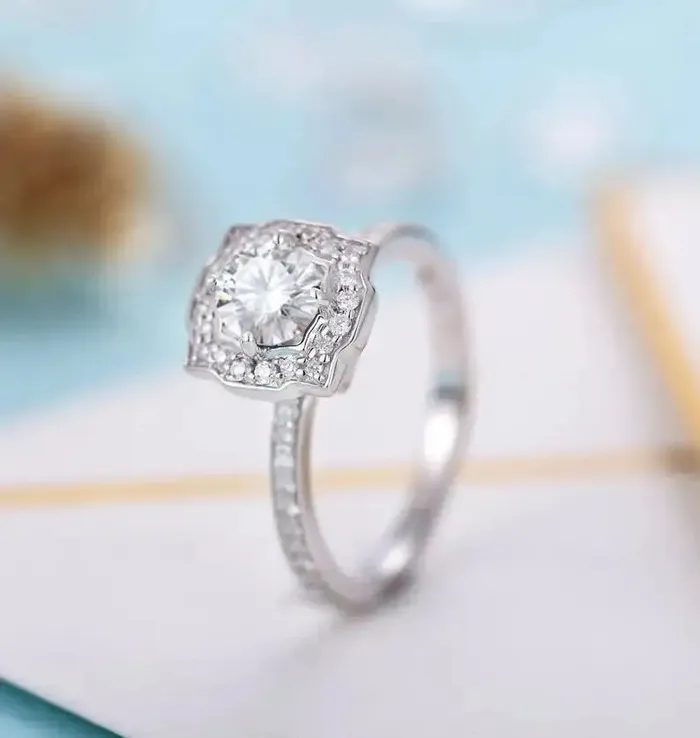 White Gold Halo Moissanite Engagement Ring Luxus Moissanite Rings