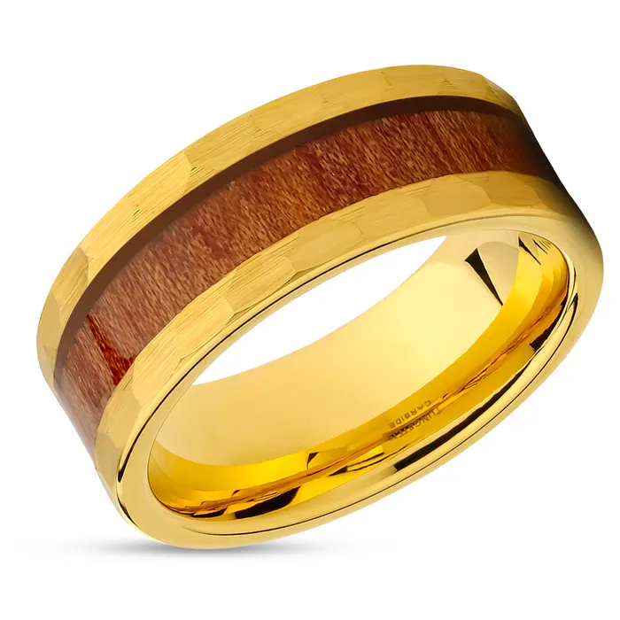 Yellow Gold Wedding Ring Koa Wood Ring 8mm Wedding Ring Tungsten Ring Hammered Clean Casting Jewelry Rings Yellow Gold Wedding Ring Koa Wood Ring 8mm Wedding Ring Tungsten Ring Hammered Clean Casting Jewelry Rings