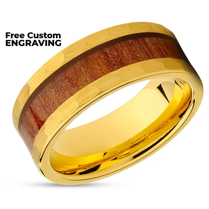 Yellow Gold Wedding Ring Koa Wood Ring 8mm Wedding Ring Tungsten Ring Hammered Clean Casting Jewelry Rings