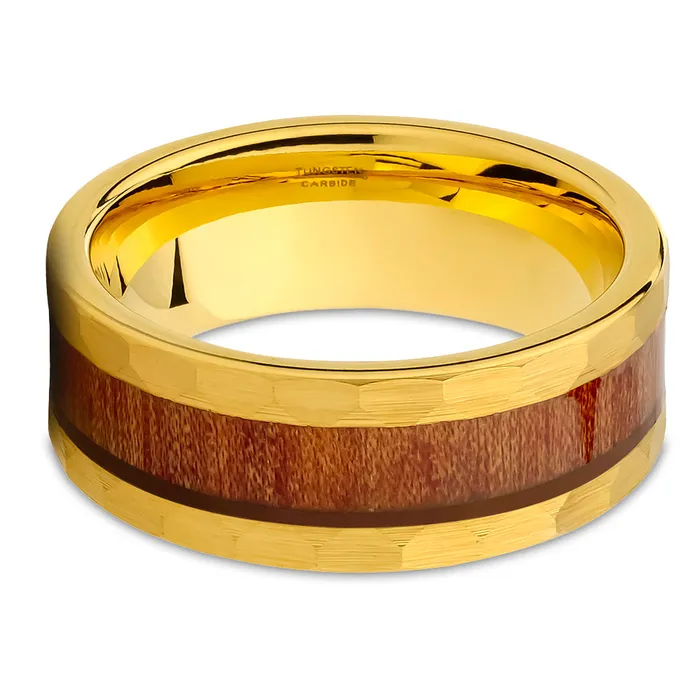 Yellow Gold Wedding Ring Koa Wood Ring 8mm Wedding Ring Tungsten Ring Hammered Clean Casting Jewelry Rings
