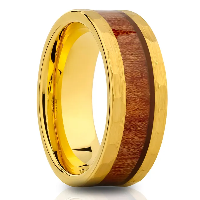 Yellow Gold Wedding Ring Koa Wood Ring 8mm Wedding Ring Tungsten Ring Hammered Clean Casting Jewelry Rings
